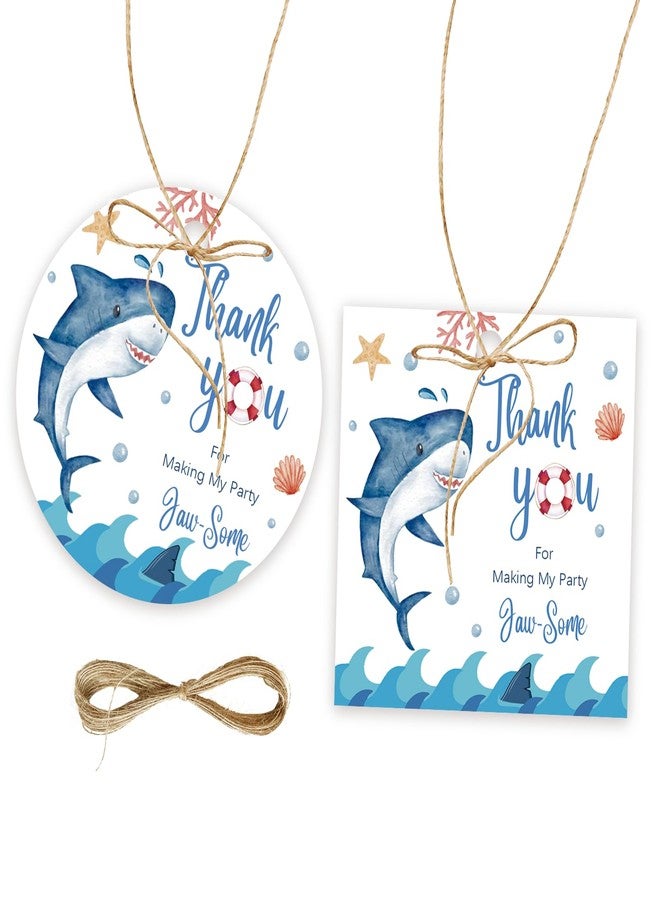 FORSHEEP 50pcs Shark Thank You Tags, Shark Gift Tag with String for Ocean Animal Party, Round Thank You Paper Tags for Shark Birthday/Under The Sea Themed Party Favors - Image 1